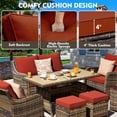 thumbnail image 4 of MEISSALIVVE 7 Pieces Patio Furniture Set with Dining Table, Outdoor Wicker Conversation Set with 2-Seat Sofa, Wicker Armrest Swivel Chairs, 2 Ottomans, Red, 4 of 8