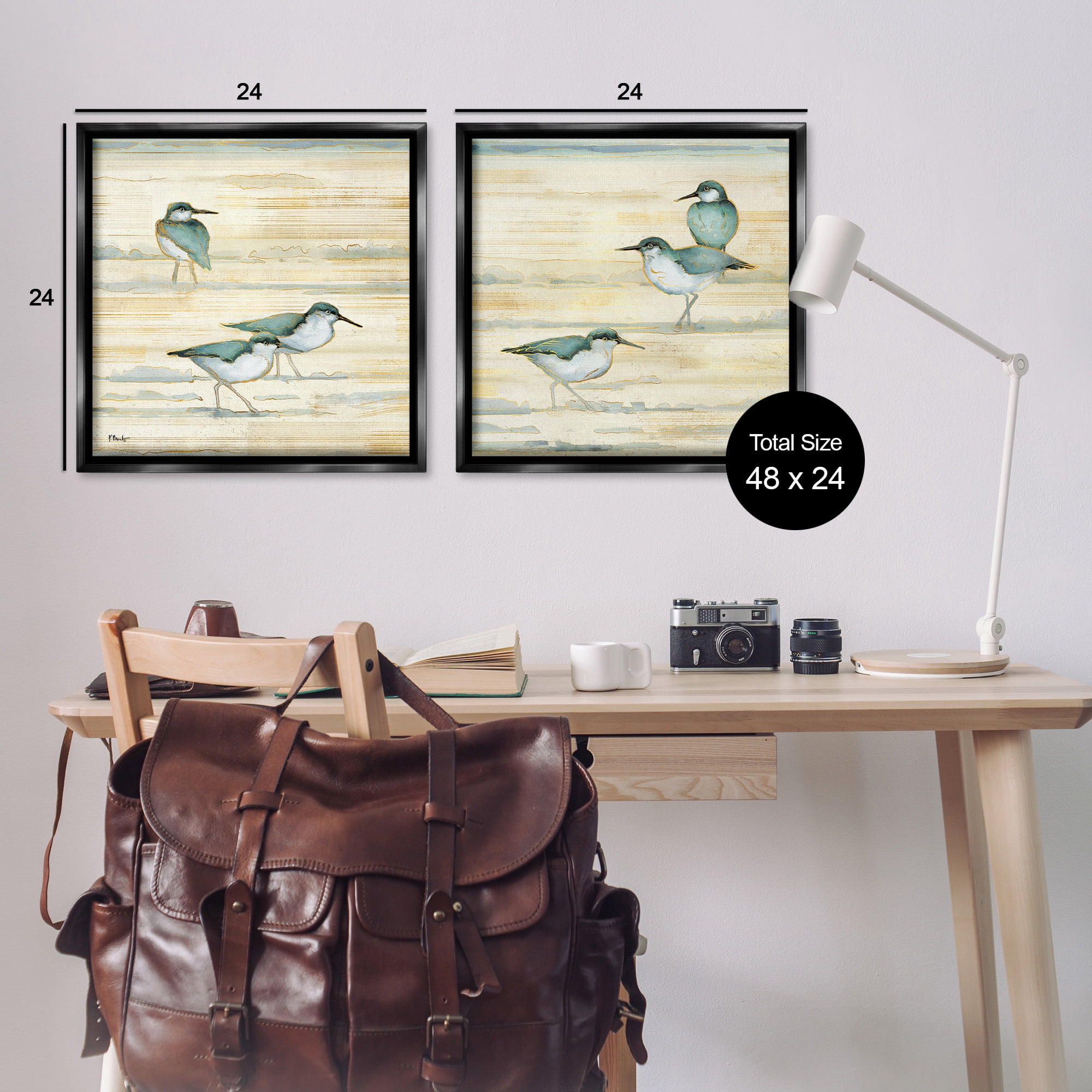 Stupell Industries Sandpipers Abstract Water Shoreline Animals & Insects Painting Black Floater Framed Canvas Art Print Wall Art, 25 x 25, Set of 2