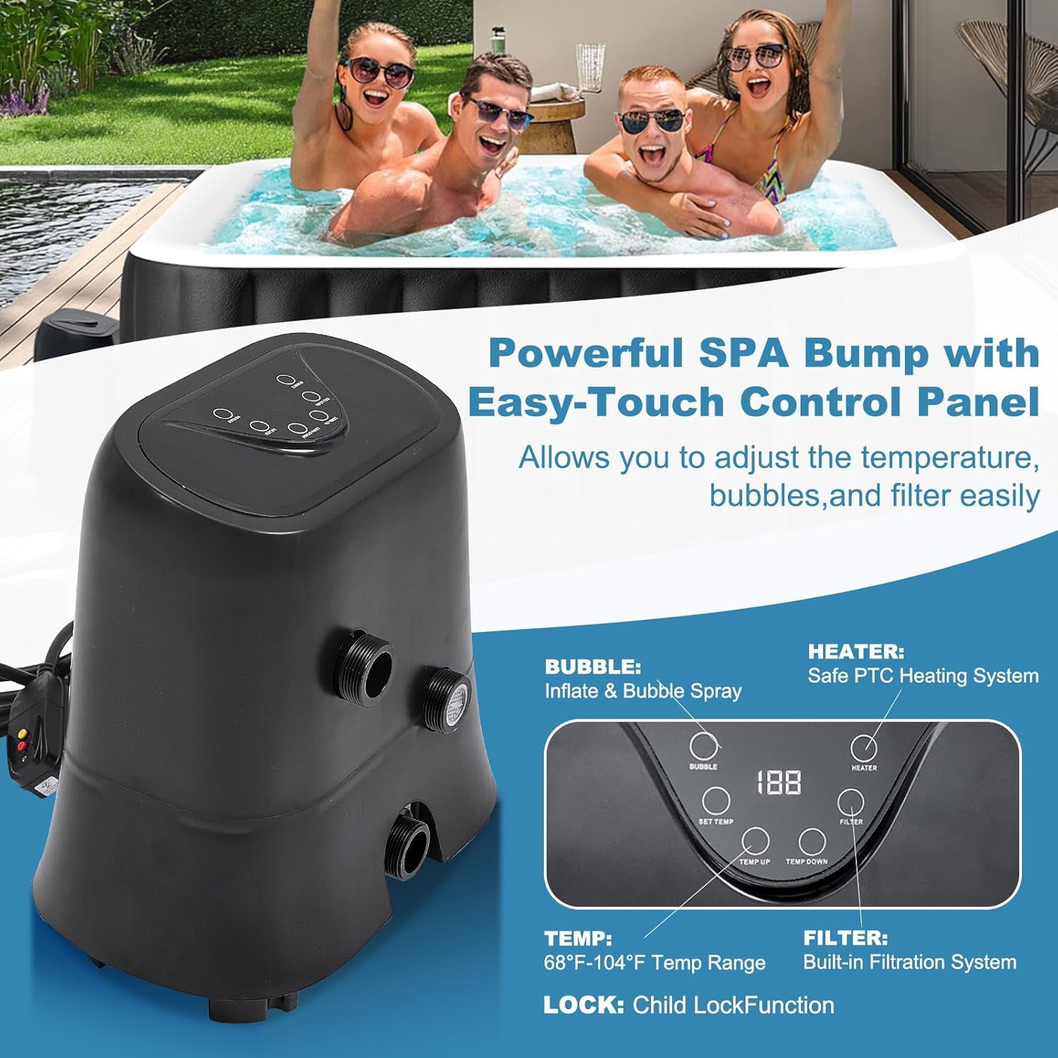 73 inch Outdoor Inflatable Hot Tub with 130 Bubble Air Jets, 4-6 Person Square Portable Hottub Spa with LED Control Panel, Blow Up Spa Bathtub with 2 Filter, Temperature up to 104°F