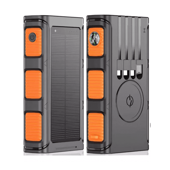 Mr. Gadgets Solar Magpower, Banco De Energia, 30,000mah, Carga Rapida, Power Bank Inalambrica Qi, 4 Cables Integrados, Bateria Portatil, Energia Sustentable, Linterna, Brujula Integrada Color Naranja