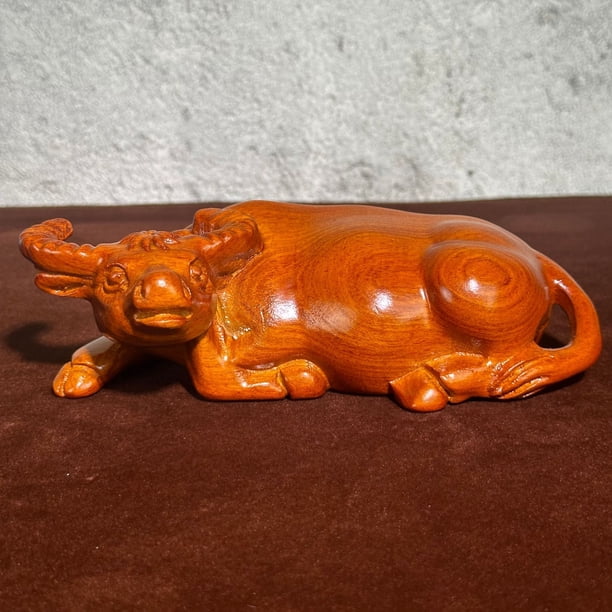 Ebony wood carved water buffalo figurine, solid wood carved reclining ox craft, animal zodiac, redwood ox home decoration, gift.