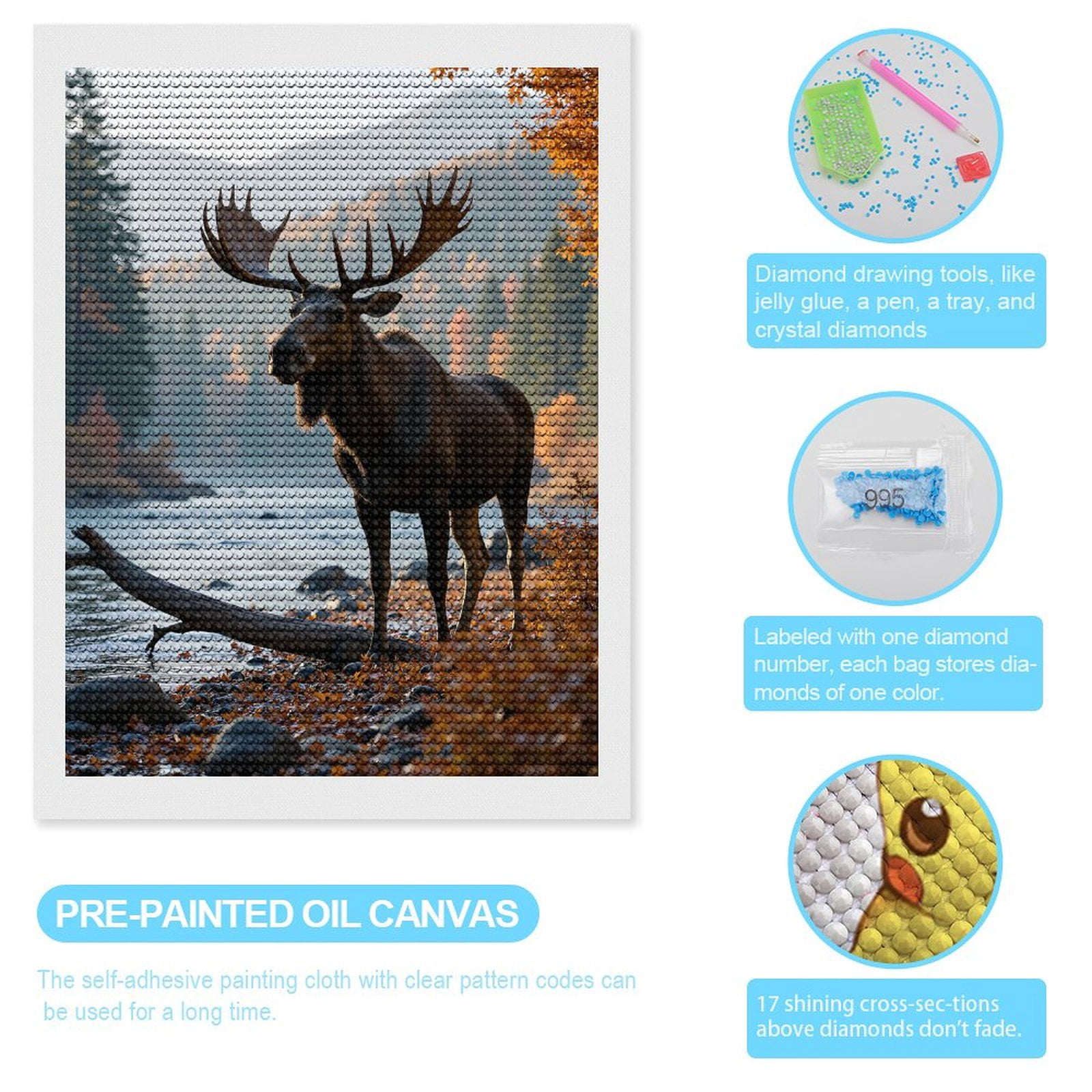 Diamond Art Kit for Adults, Moose River Autumn Forest Scene Diamond Painting for Adults Beginners, 5D DIY Diamond Art Painting Kits, Colorful Diamond Painting Craft for Home Decor 12x16