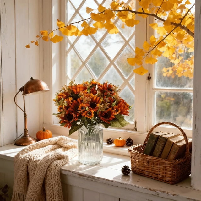 Decoración del hogar, decoración de habitaciones, decoración de paredes, ramo de girasoles de Acción de Gracias, decoración de otoño para el hogar, arreglo floral artificial, mesa de centro y alféizar