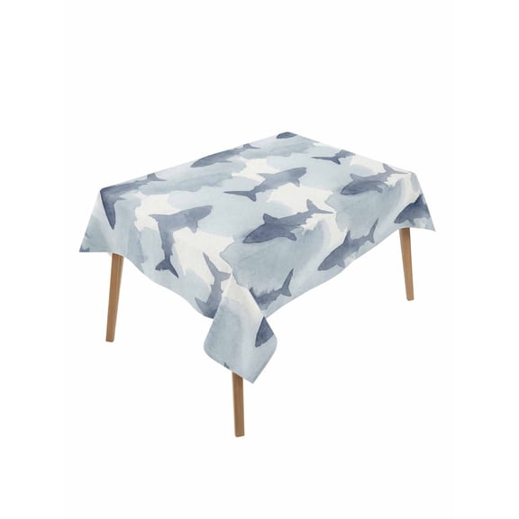 Blue Sharks Coastal Rectangle Tablecloth, Summer Beach Ocean Nautical Waterproof & StainResistant Tablecloth, Washable Oil-proof Table Cover for Dining/Party/Wedding/Camping/Buffet 52x70 In