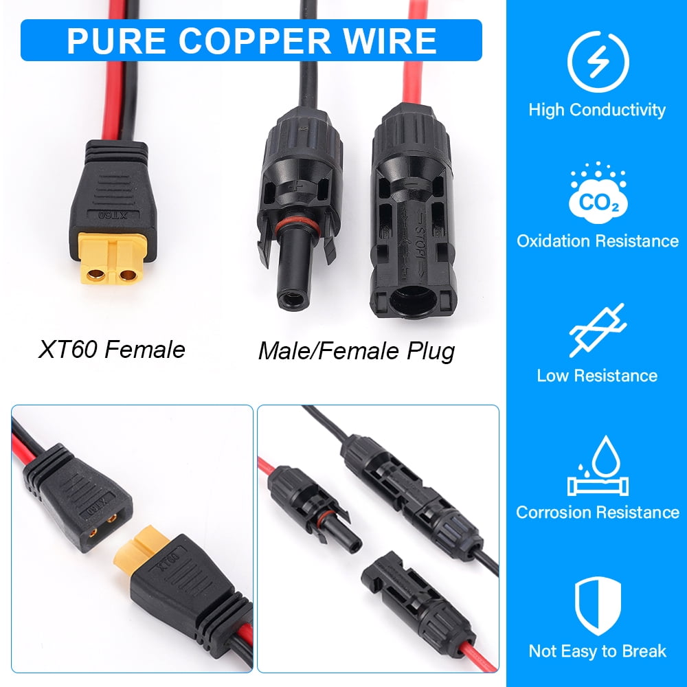 Hormy Solar to XT60 Charge Extension Cable 12AWG 10FT Solar Connector to XT60 Adapter Cable for Solar Panel RV Portable Power, IP67 Waterproof