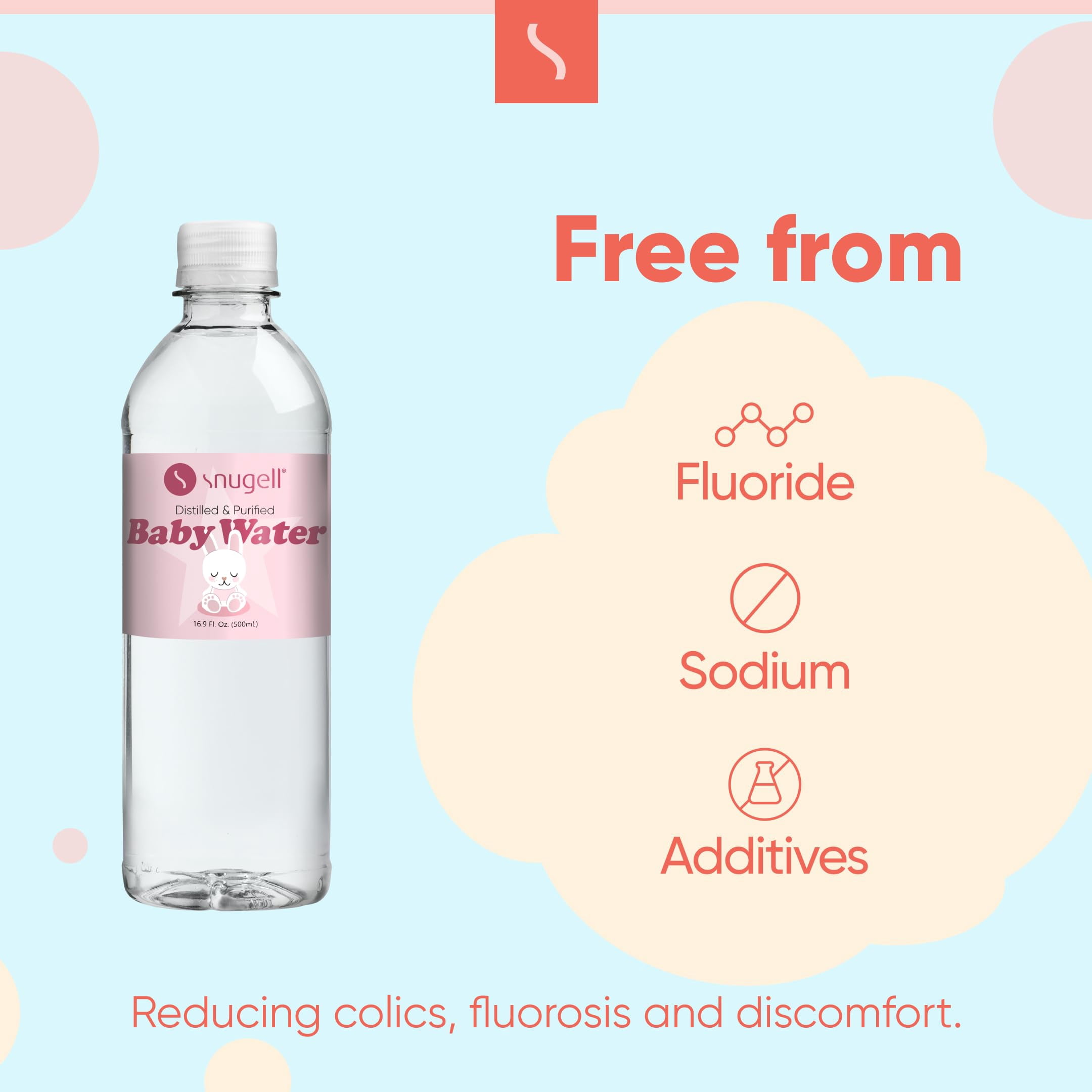 Snugell Bottled Distilled Water for Baby Care – Ultra-Pure, BPA-Free, Ideal for Formula Mixing, Bottle Sterilizing & Everyday Hydration – Safe Nursery Water for Babies – Made in USA (16.9oz 12-Pack)