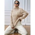 thumbnail image 4 of Women Fall High Neck Plaid Sweater Long Sleeve Loose Casual Chunky Checked Knit Winter Sweaters Jumper Tops Khaki S, 4 of 8
