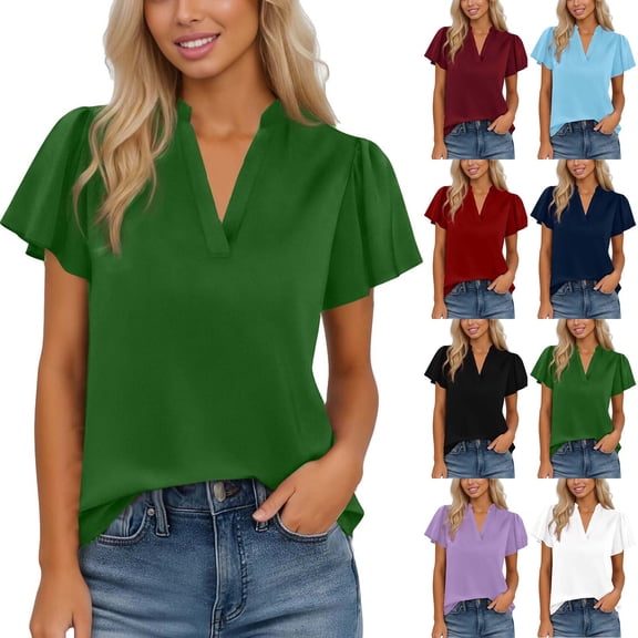FRSASU Womens Tops Dressy Casual Summer Flutter Sleeve T-Shirts Trendy Ruffle Short Sleeve Loose V-Neck Tunic Tops White