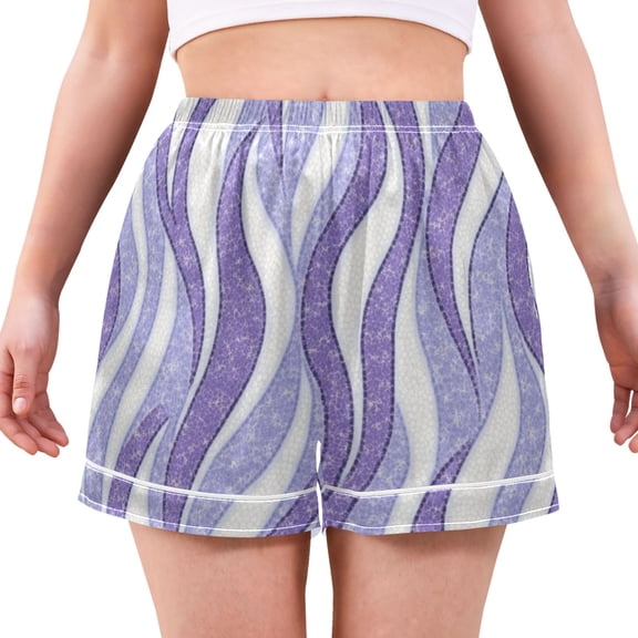 Women's Satin Pajama Shorts Lavender Waves with Pockets, Elastic Waist Sleep Lounge Shorts