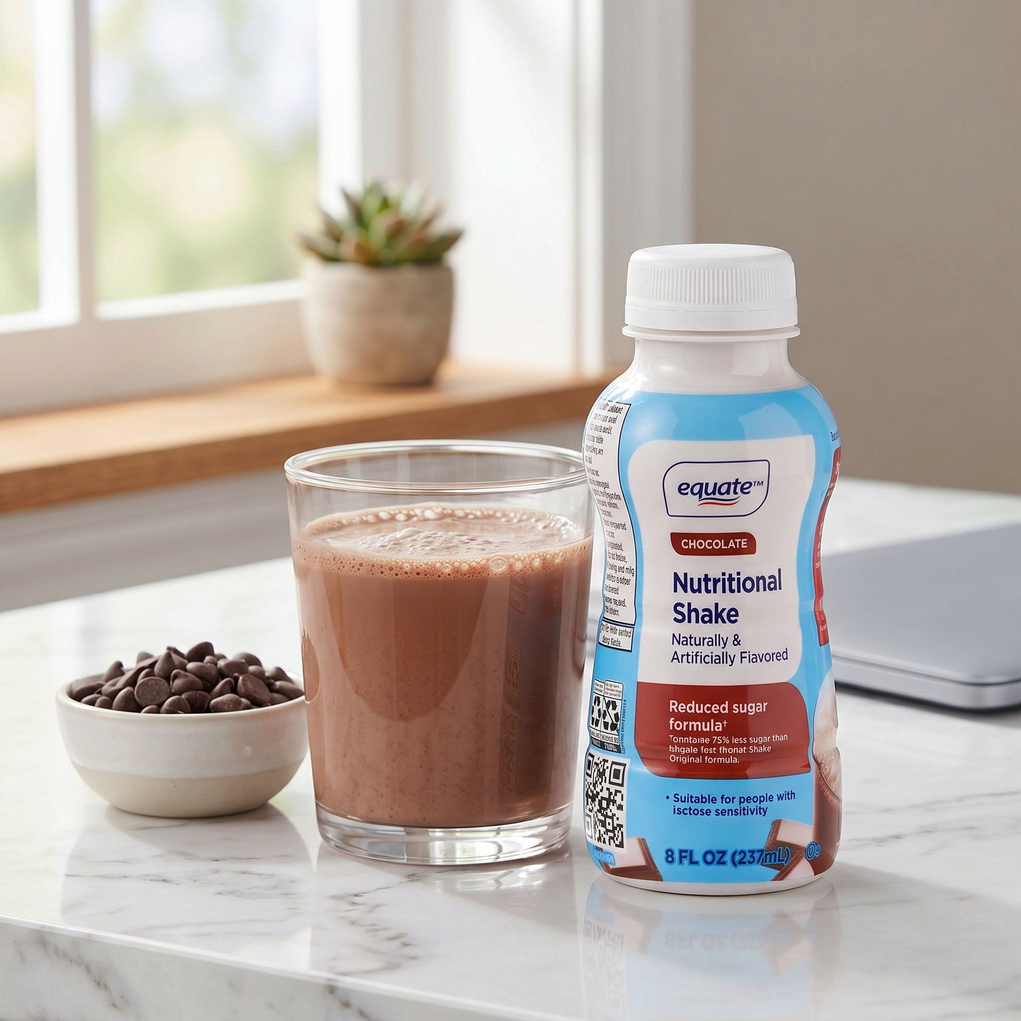 (4 pack) Equate Reduced Sugar Formula Nutritional Shakes, Chocolate, 8 fl oz, 6 Count
