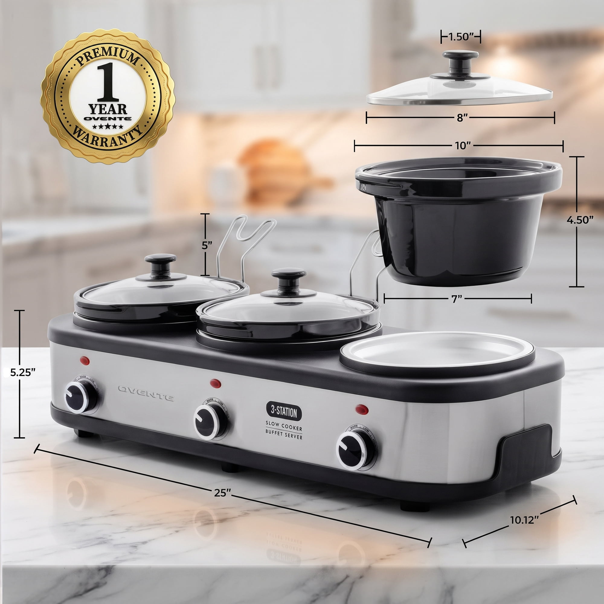 OVENTE Electric Triple Slow Cooker, 4.5Qt Buffet Server, Silver SLO315CBR | 300W Three 1.5Qt Pots, Adjustable Heat Settings, Easy to Monitor & Clean, Perfect for Entertaining, Portable Buffet Server