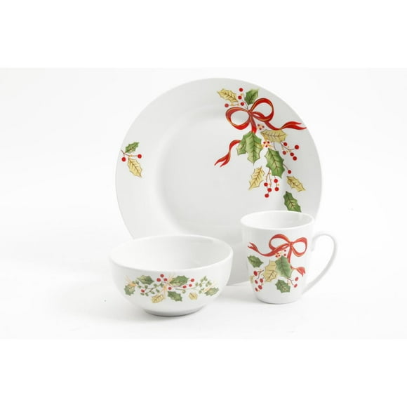 Gibson Holiday Ribbon 12 Piece Dinnerware Set, Fine Ceramic