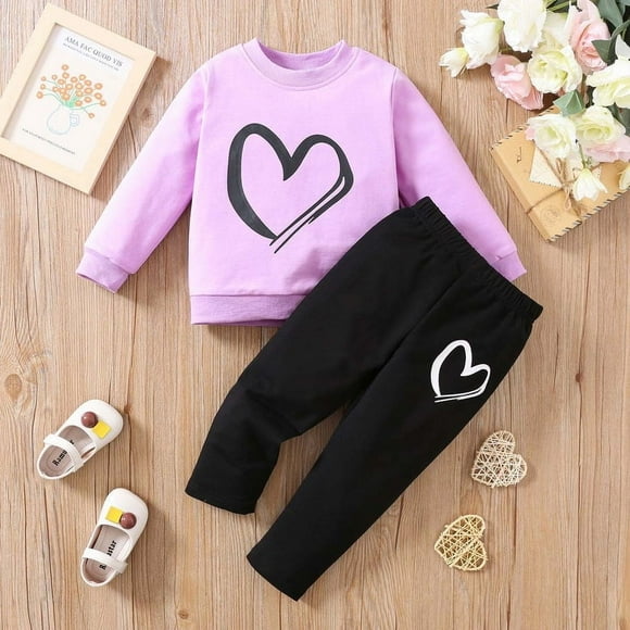 Ensemble Deux Pièces de Vêtements pour Enfants de la Saint-Valentin pour Filles avec Sweat à Imprimé Cœur et Pantalon Jogger / Violet / 4-5 Ans