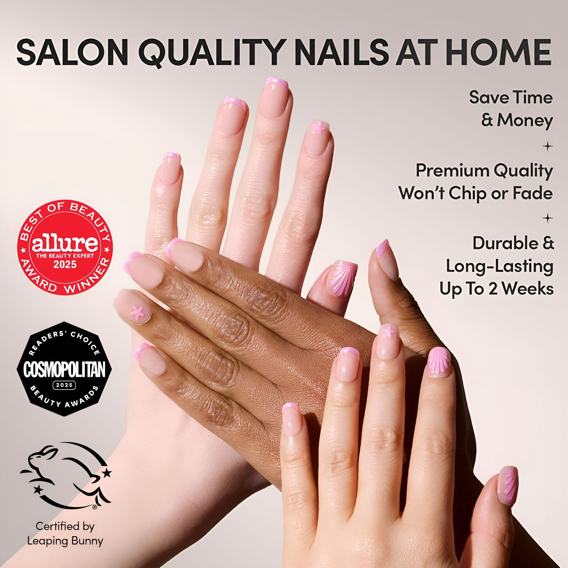 RAGUPEL Press on Nails - Blush Dunes | Short Squoval Fake Nails with Pink French Tips and 3D Accents, Salon Quality Summer Nails | 15 Sizes - 30 Nail Kit with Glue