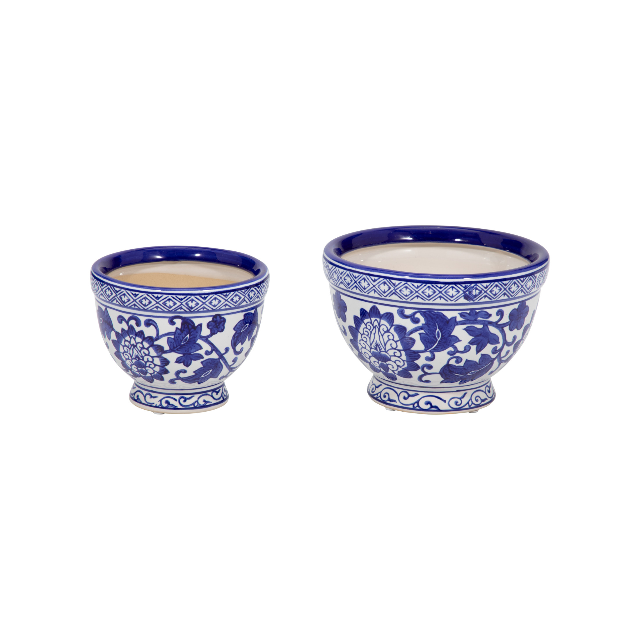 Chinoiserie Flower Pots for Home Decor - Stoneware Ceramic Bowls with Floral Design for Planters for Indoor and Outdoor Plants - Pots For Plants Accent for Garden - Set of 2, 5", 4", Blue & White