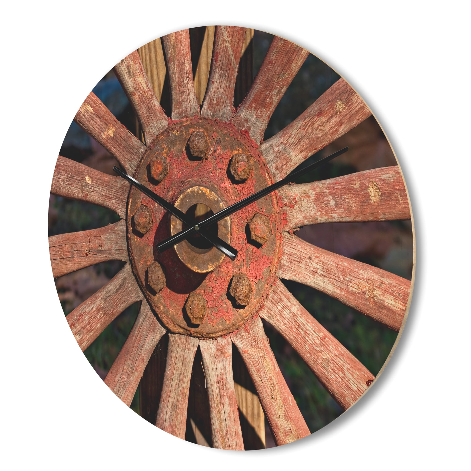 Designart 'Vintage Red Metal Country Wagon Wheel ' Farmhouse Wood Wall Clock