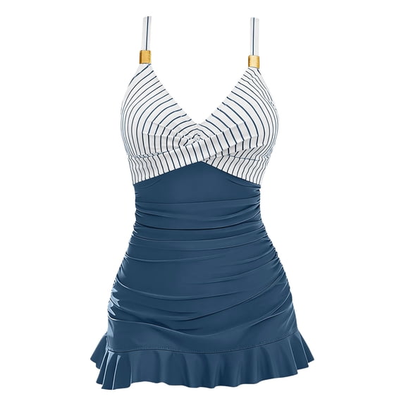 Fknrydal Womens One Piece Swimsuits V Neck Striped Color Block Jelly Swimdress Adjustable Shoulder Straps Ruched Ruffle Hem Skirted Bathing Suits for Beach Pool Vacation Blue S