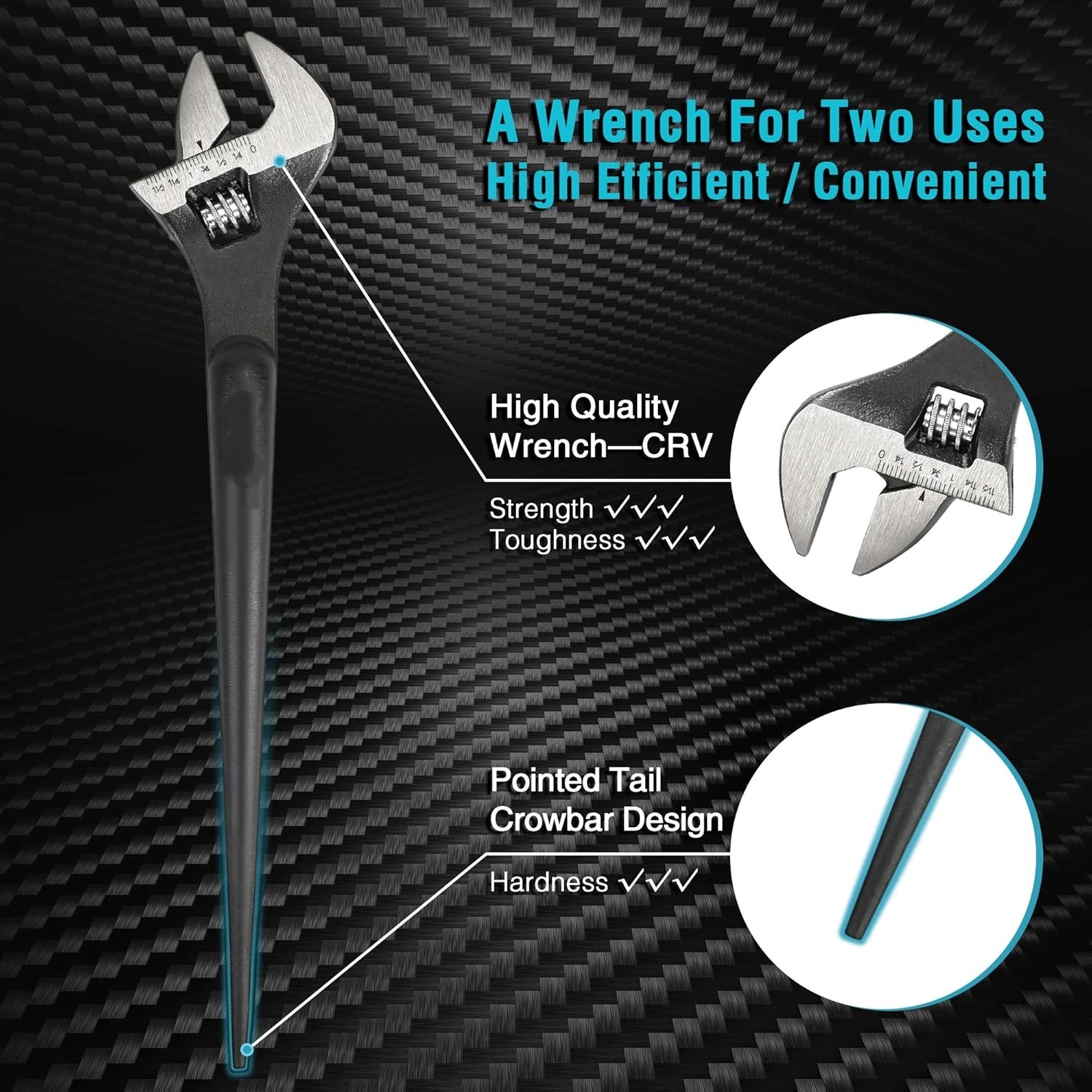 3-Piece Adjustable Construction Spud Wrench Set, 8-inch, 10-inch, 12-inch, Black Oxide Finish, CR-V Steel, SAE and Metric Scale Marked, Alignment Holes and Tail Crowbar Features