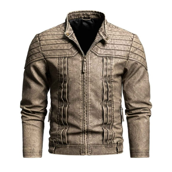 AnuYalue Men's Faux LeatherJacket Vintage Mock Neck Motorcycle Jackets Full Zip Distressed Outerwear Fall Winter Long Sleeve Outwear