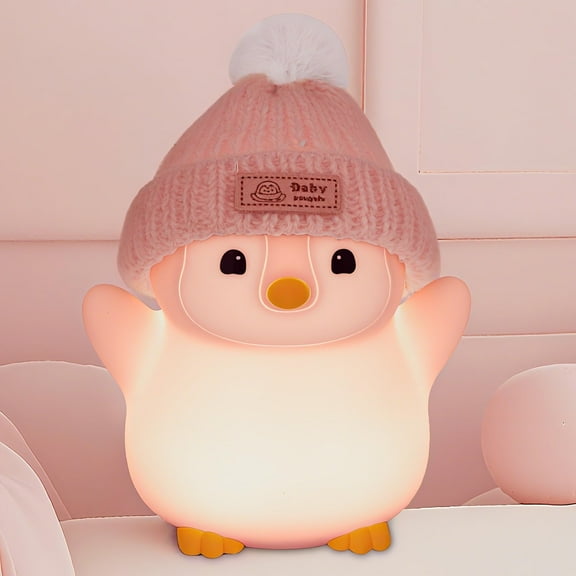 Cute Pink Penguin Night Light - Soft Silicone Rechargeable Lamp with Knit Hat for Nursery - Dimmable LED Bedside Lamp for Kids - Perfect Gift for Children
