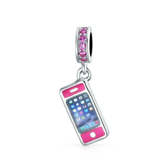 Bling Jewelry Womens Pink Enamel Silver Dangle Charm Bead for Mobile Phone Fits European Bracelet