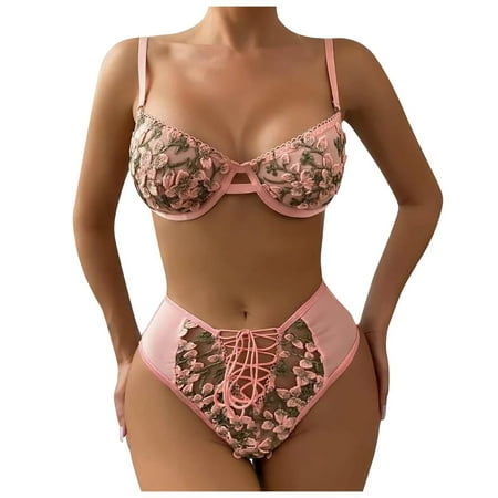 

XHJUN Lingerie Panties Tie Knot Front Embroidered Mesh Sheer Bar and Panty Underwire Lingerie Set Pink L