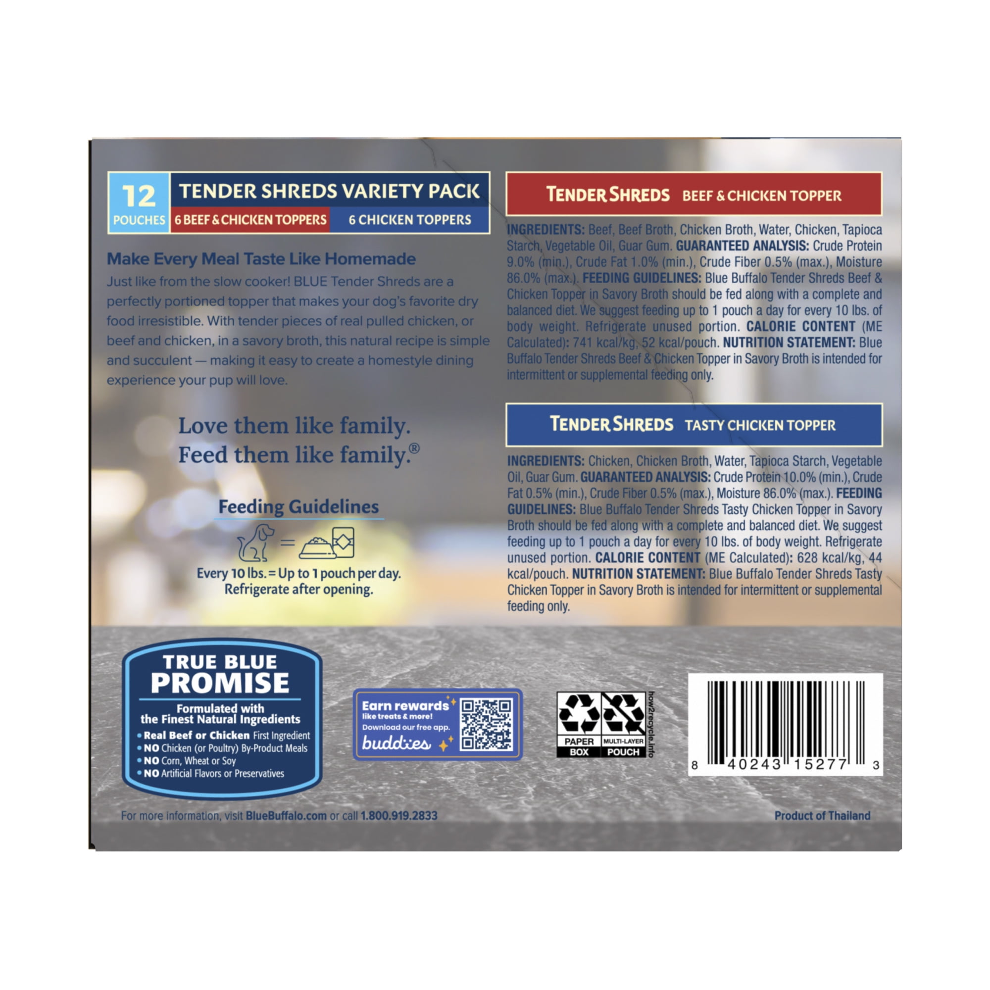 (2 pack) Blue Buffalo Tender Shreds Toppers, Natural Dog Food, 2.5-oz. Pouch, 12-Count Variety Pack