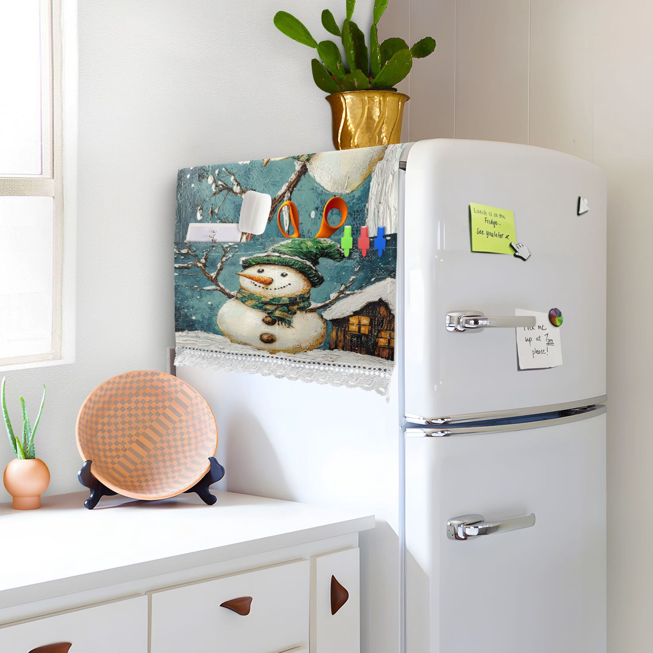Winter SnowmanWasher and Dryer Covers Dust-Proof and Oil Resistant Fridge Cover with 4 Storage Pockets Washing Machine Top Cover for Laundry Kitchen Home 51.2 x 22 In