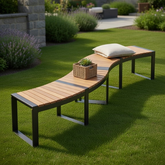 Topcobe Patio Curved Bench with Slatted Seat and Metal Legs-2 Pieces, Outdoor Patio Furniture for Porch Balcony Garden Backyard