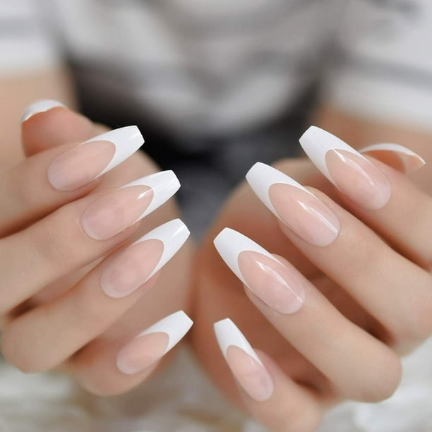 French Nude Pink Ballerina White Long Coffin Fake Nails Press on Nail False Tips Manicure for