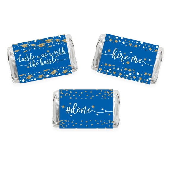 Royal Blue and Gold Glittering Graduation, Chocolate Minis Labels, Fits Hershey's Miniatures Party Favors, 36-pack