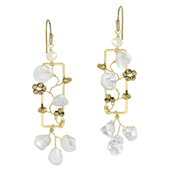 AeraVida Elegant Intertwining Vines of Freshwater White Pearls Rectangle Brass Dangle Earrings for Female Anniversary