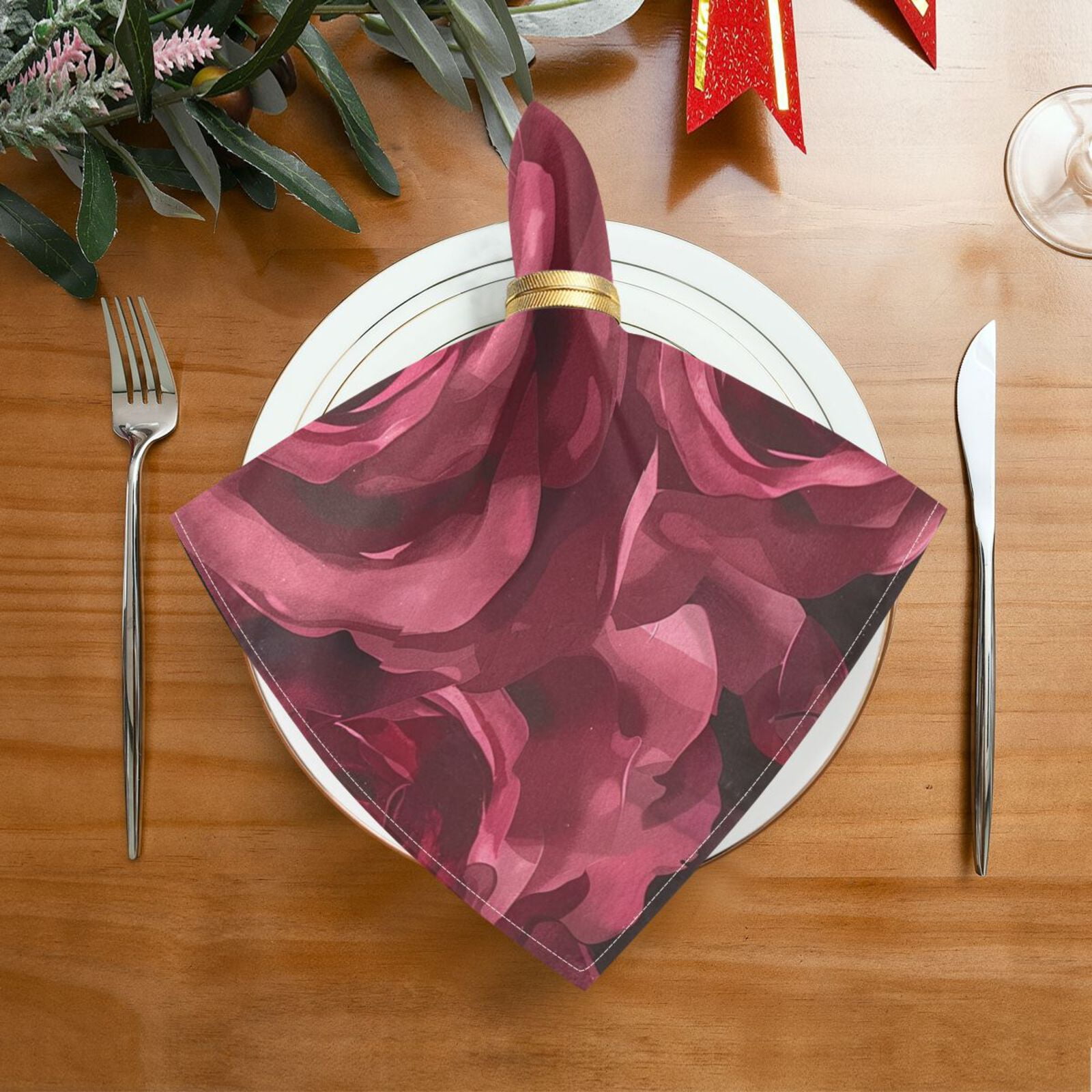 JSTEL Red Rose Flower Floral Cloth Napkins Set of 6, 20x20 Inch Washable and Reusable Napkin for Decoupage Dinner Party Everyday Use