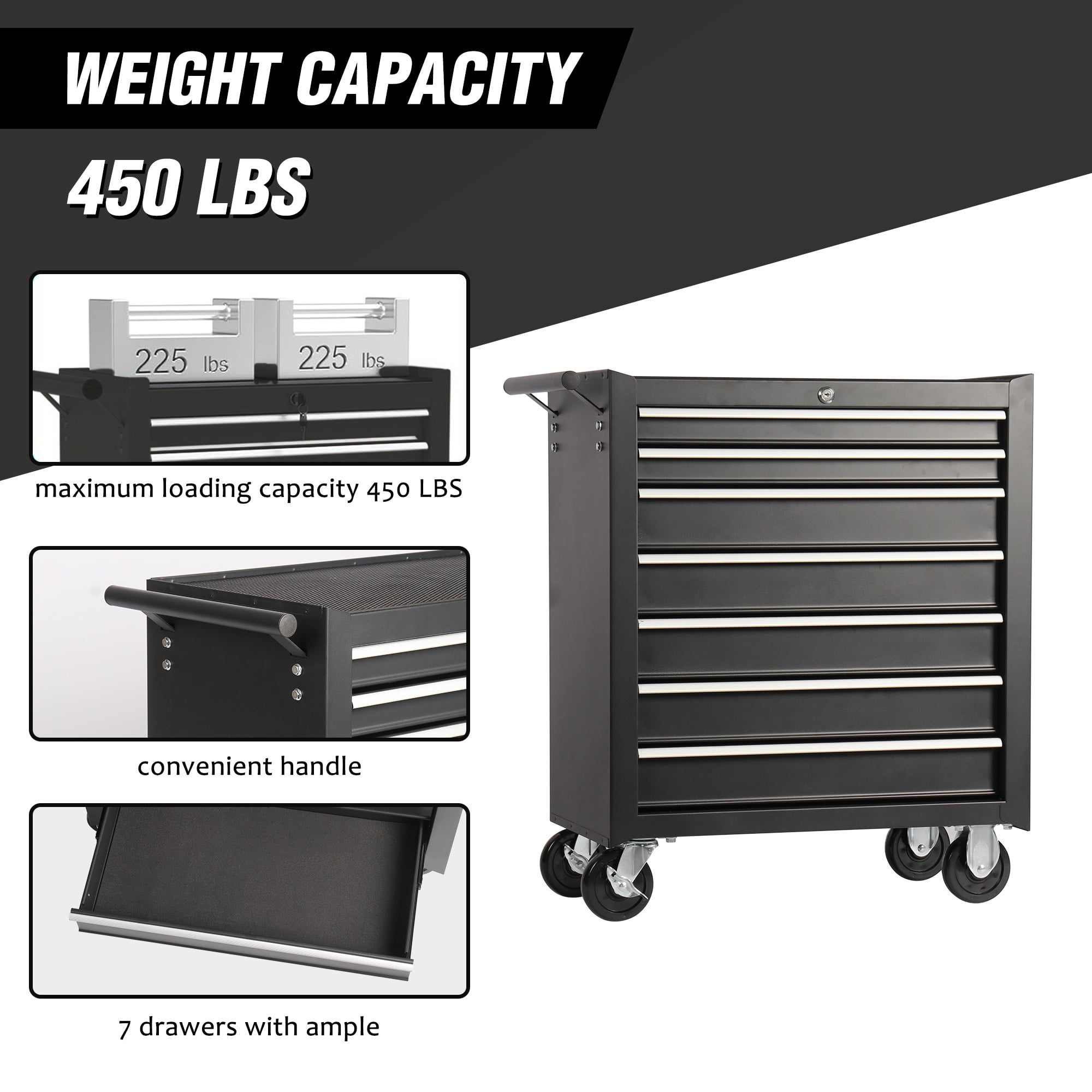7-Drawer Rolling Tool Box, Multifunctional Tool Chest Garage Tool Storage, Metal Tool Cart Organizer on Wheels, 450LBS Weight Capacity