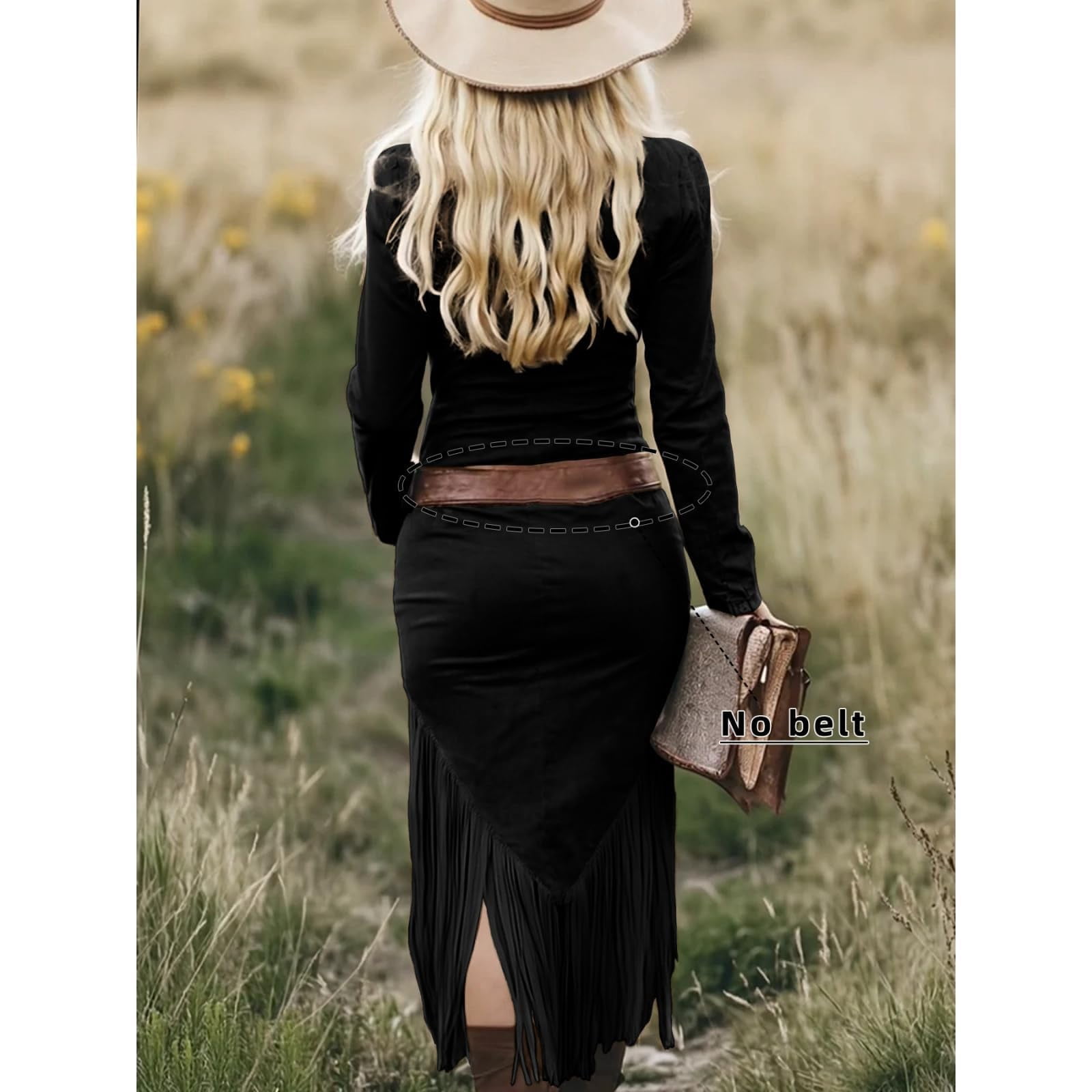 Women's Western Cowgirl Suede Dress Vintage Long Sleeve Slim Fit Fringe Dress Zip Collared Vacation Outfits without Belt