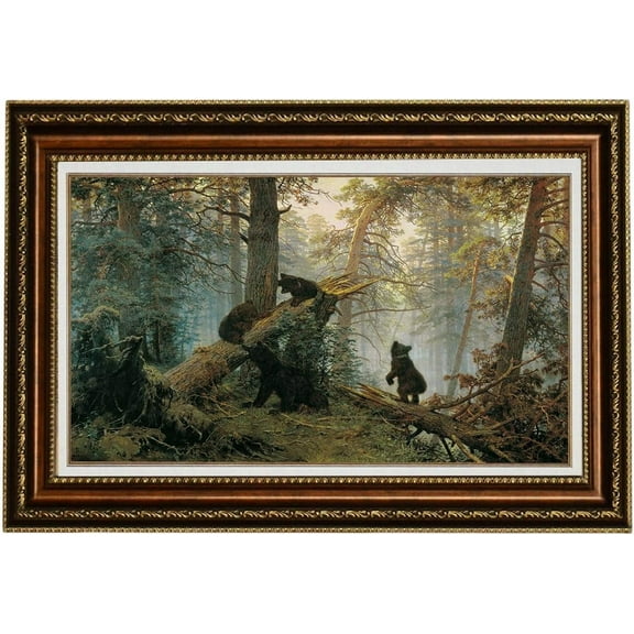 ELITEART-Morning Black Bears in Pine Forest by Ivan Shishkin Oil Painting Reproduction Giclee Wall Art Canvas Prints Framed Size :22"x 30"