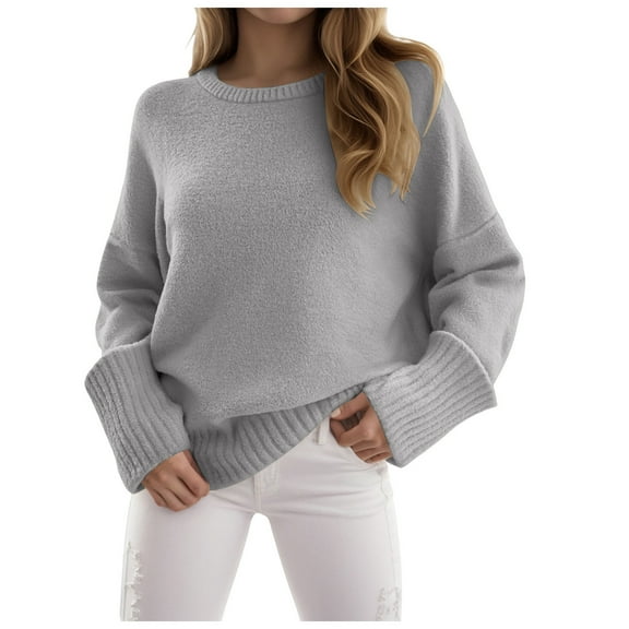 larppty Sweaters for Women 2025 Fall Long Sleeve Casual Loose Fit Knitted Basic Pullover Sweater Tops (Light Gray, L)