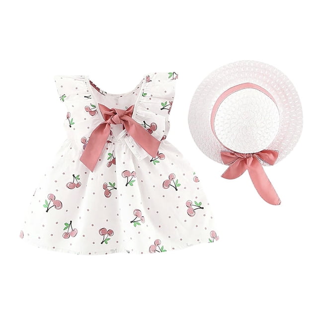 Robe Sans Manches Tutu pour Bébé Fille Robe d'Été avec Chapeaux 2 Pcs Robe de 1er Anniversaire 12-18 Mois