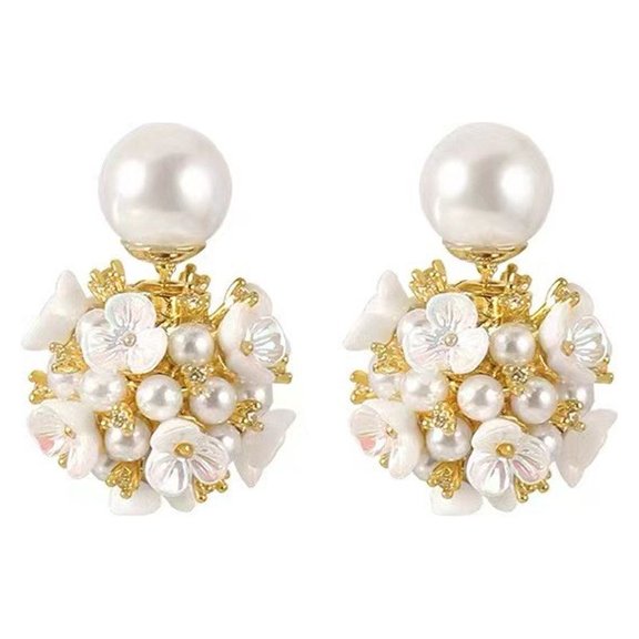 Tepsmf Shell-Flower Pearl Earrings Ball Pearl Double Sided Stud Front Back Earrings For Women 14k Gold Plated Inlaid Created Zircon