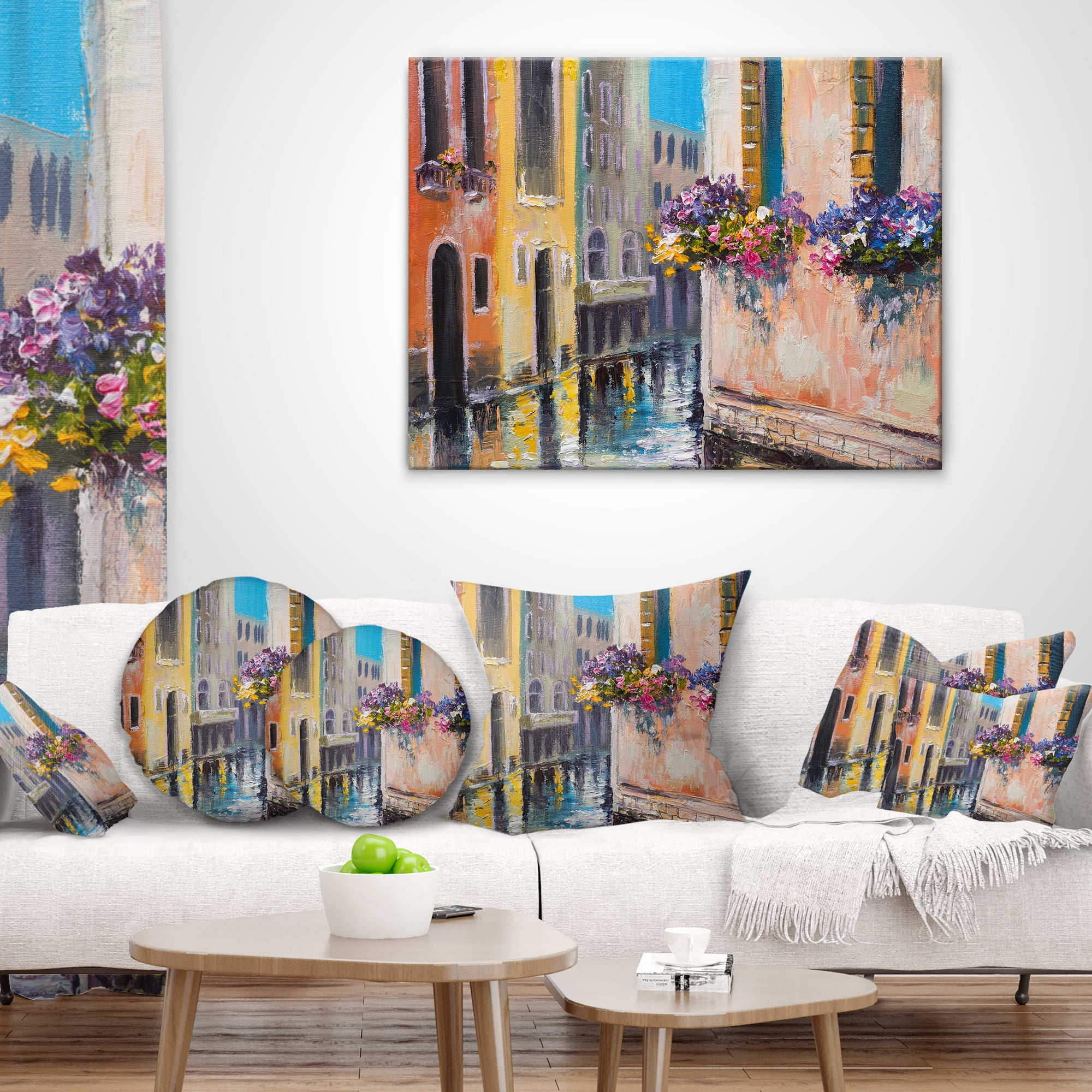 Designart Canal in Venice with Flowers - Cityscape Throw Pillow - 16x16