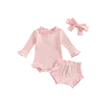 

Sunisery Kids Toddler Girls 3Pcs Clothes Outfits Round Neck Long Sleeve Ruffle Tops + Shorts + Headwrap Pink 0-6 Months