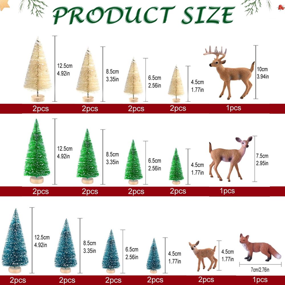 29 Pcs Mini Sisal Trees, Snow Frost Trees with Miniature Figures Woodland Animals Deer Fox, Table Top Crafts DIY Room Decor Mini Christmas Village Decoration, Small Size Trees