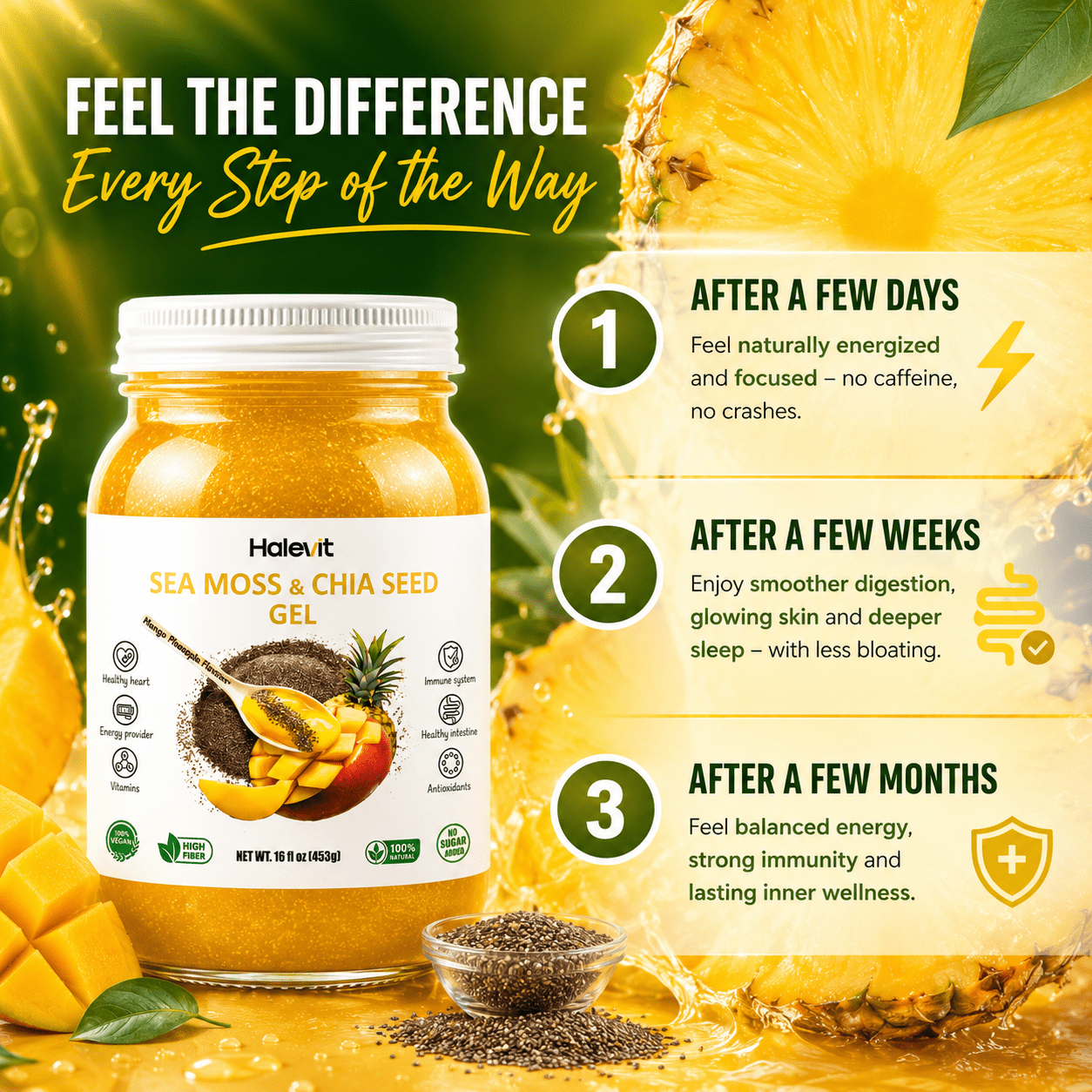 Halevit Wildcrafted Irish Sea Moss Gel, Chia Seed, Mango Pineapple, Raw Supplement Made in USA , 32 Oz, 2-Pack