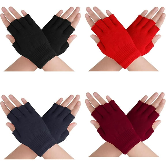 YooGuoGuo 4 Pairs Fingerless Gloves Winter Half Finger Gloves Mittens Warm Knitted Gloves Fingerless Stretchy Typing Working Running Biking Driving for Women Men Solid Color Red Wine Red Gray Black