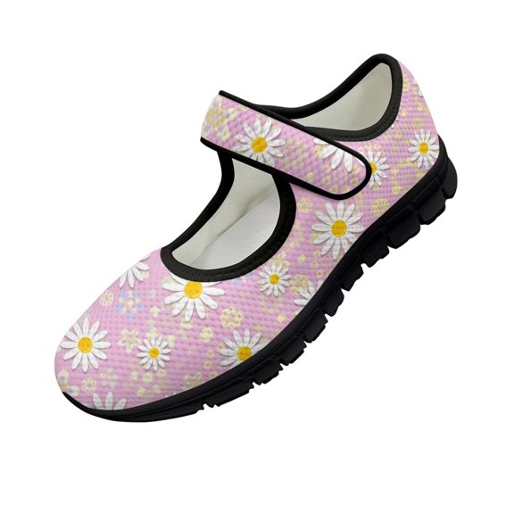 Psesaysky Women's Single Buckle Casual Shoes Pink Daisy Printed Shoes for Ladies and Big Girls Lightweight Comfortable Hook & Loop Walking Shoes