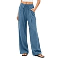 thumbnail image 3 of Maplenight Wide Leg Pants for Women Cotton Elastic Waisted Flowy Casual Trousers with Pockets Drawstring Loose Fit Palazzo Pants for Beach​, 3 of 5