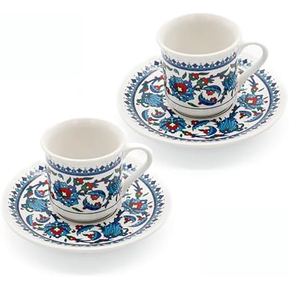 Turkish Coffee Cups Set of 2 with Saucers and Cup Holder, Ceramic Espresso Cups, Perfect for Serving Arabic Coffee – White & Blue Pattern$$Home Decor, Kitchen, & Other