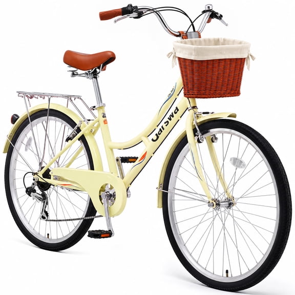 GASENDALA 26" City Bike,Cruiser Bike with Basket, Shimano 7-Speed Women Hybrid Bike, Rear Rack, Yellow