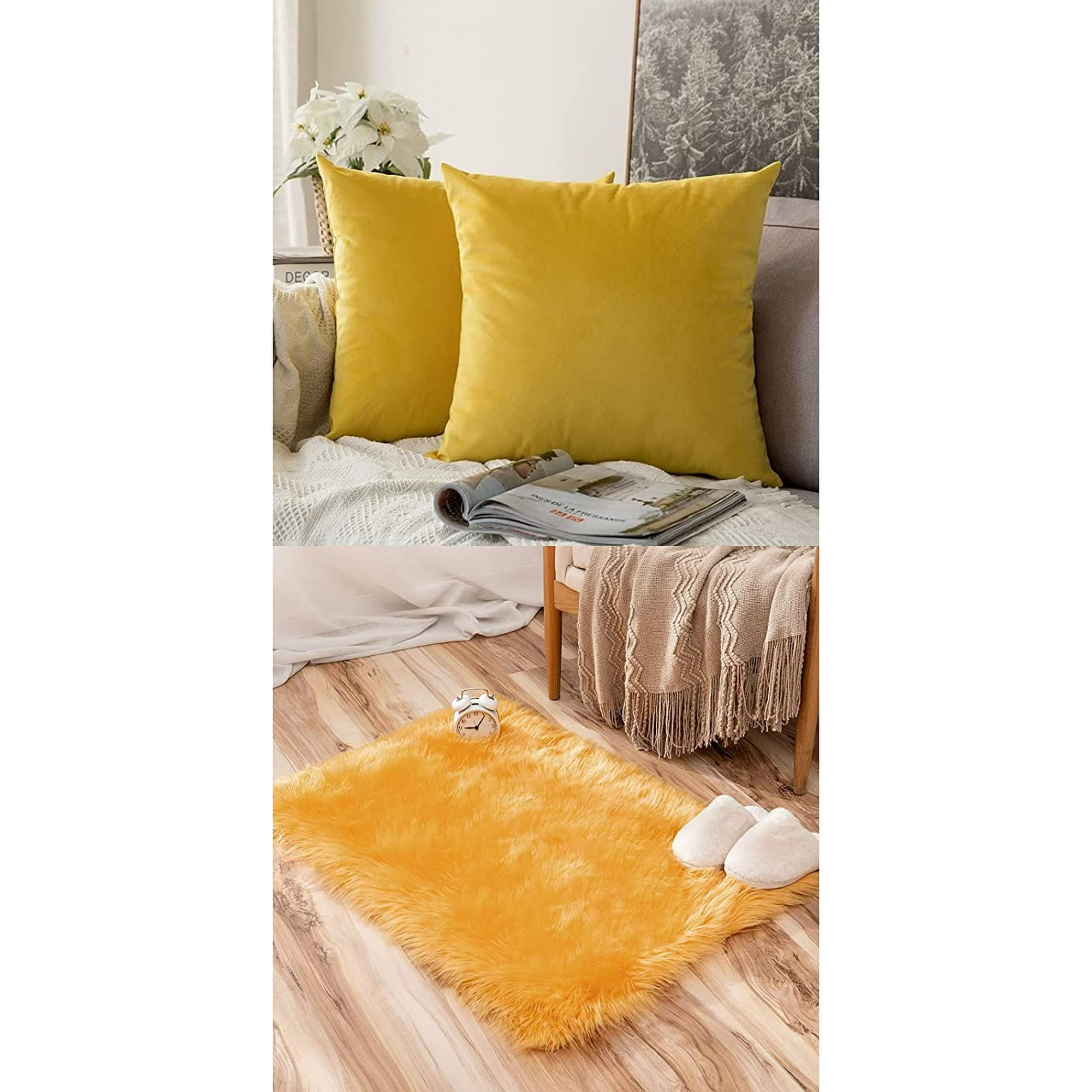 IGUOHAO Pack of 2 Decorative Velvet Soft Solid Throw Pillow Covers and Rectangle Luxury Super Soft Fluffy Area Rug Yellow Walmart