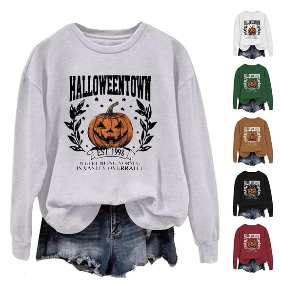 YVNAURA Oversized Halloween Graphic Letter Print Sweatshirt for Women Crewneck Long Sleeve Round Neck Pullover Loose Fit Vintage Spooky Season Casual Fall Top 1 Pack, Grey,L